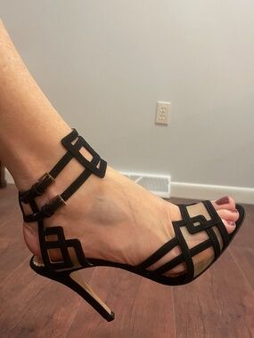 CHARLOTTE OLYMPIA Black Suede Laser Cut High Heel Sandals